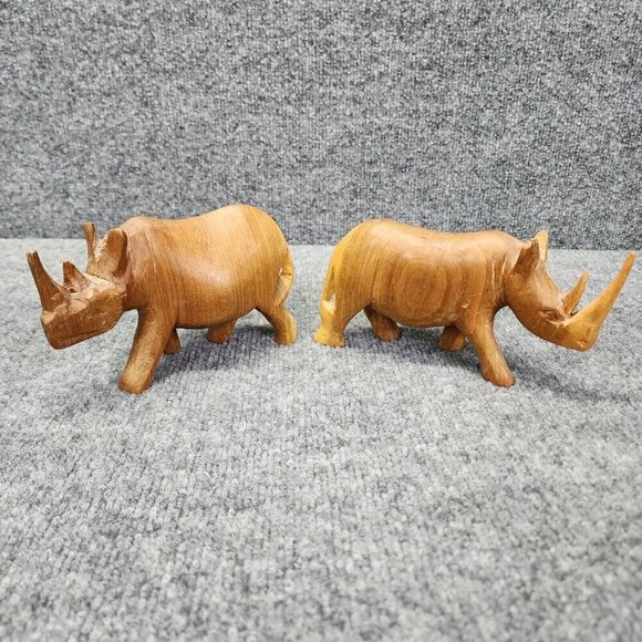 Lot 2 Wooden Rhinoceros FigurineCarved Blonde Wood Rhino Animal African Safari - Picture 1 of 14